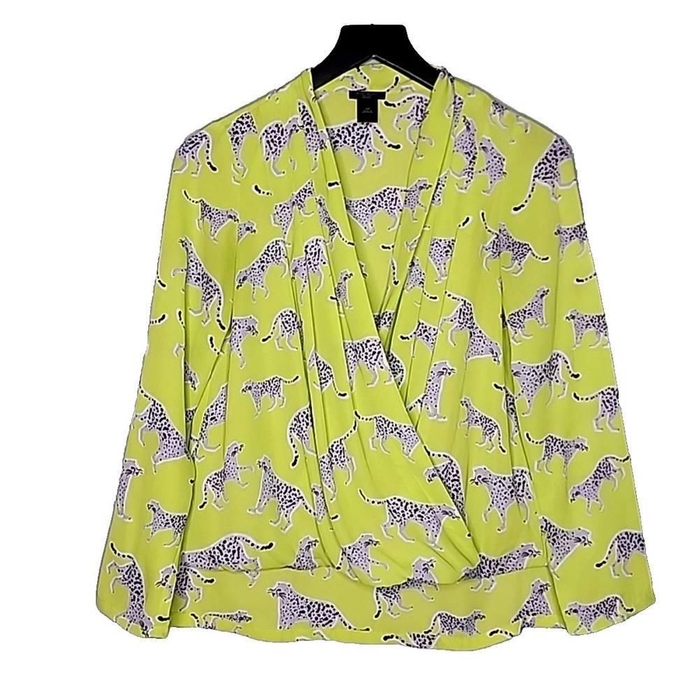 Ann Taylor Faux‎ Wrap Crossover Blouse Neon Green Cheetah Print V-Neck XSP